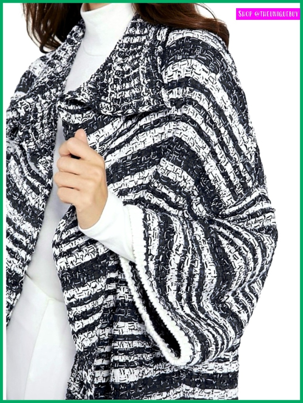 Alice + Olivia Hester Oversized Black White Knitted Sweater Cardigan Shawl Coat